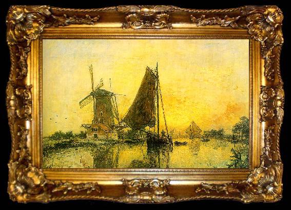 framed  Johann Barthold Jongkind In Holland ; Boats near the Mill, ta009-2